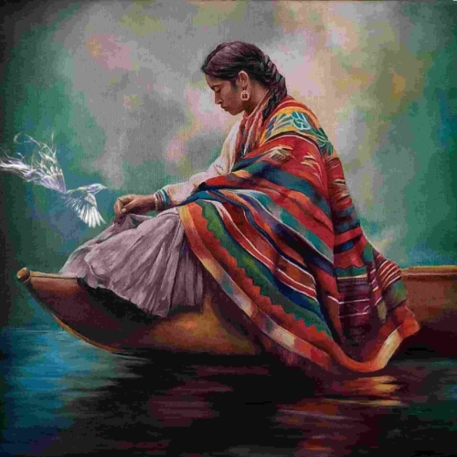 Obra Espíritu de ave, óleo sobre tela de 45 × 55 cm, realizada en 2024.
